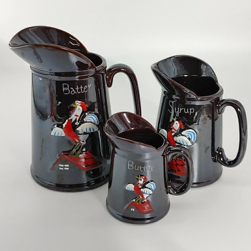 VTG Set Of 3 Brown Rooster On A Red Roof Redware Ceramic Butter Syrup Pitcher
